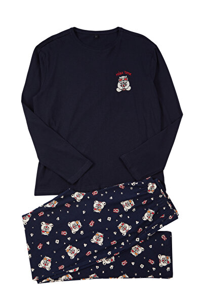 Trendyol Collection Sötétkék, normál szabású, hímzett kötött pizsama szett TMNAW25PT00028