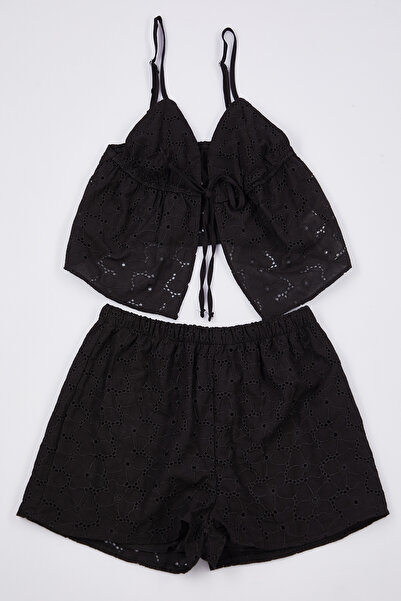 Trendyol Collection Black Cotton Floral Lined Own Scenario Pajamas Set