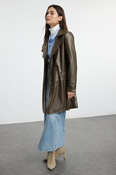 Trendyol Collection Faux Leather Dark KHaki TRench Coat - Regular Fit TWOAW25tr00012