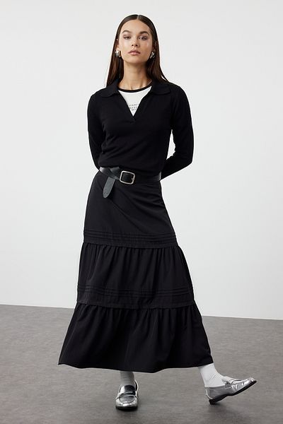 Trendyol Modest Hosszú fekete szőtt szoknya - vágott szoknya TCTAW25EE00000