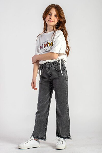 zepkids High Waist Elastic Wide Paca Gray Color Girl's Jeans Trousers