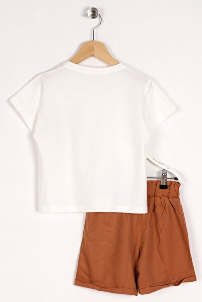 zepkids Crew Neck Short Sleeve Front Pocket Detailed Ecru Brown Color Girl's Suit