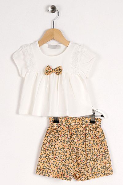 zepkids Crew Neck Short Sleeve Watermelon Sleeve Detail Lace Mustard Color Girl's Shorts Set