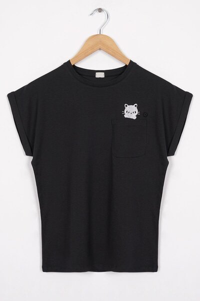 zepkids Сірий котик з принтом, чорна дитяча футболка для дівчаток - велосипед...