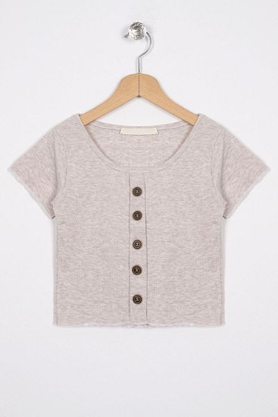 zepkids Crew Neck Short Sleeve Corded Beige Melange Color Girl's T-Shirt