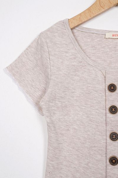 zepkids Crew Neck Short Sleeve Corded Beige Melange Color Girl's T-Shirt