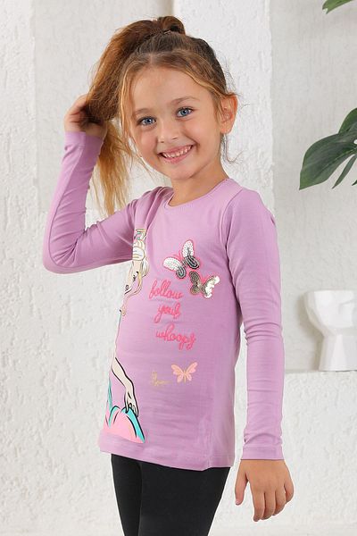 zepkids Tricou pentru fetiță, cu mânecă lungă, cu decolteu, cu paiete brodate, de culoare liliac