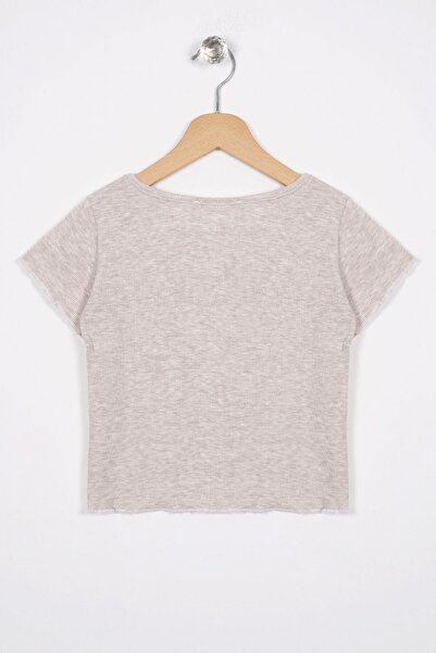 zepkids Crew Neck Short Sleeve Corded Beige Melange Color Girl's T-Shirt
