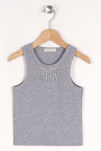 zepkids Κοριτσίστικο μπλουζάκι Crew Neck Zero Sleeve Rhinestone Crew Neck Zero Sleeve Crop γκρι μελανζέ χρώμα