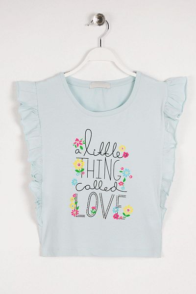 zepkids Момичешка тениска с кръгло деколте и къс ръкав Lıttle Thınk Love Text Printed Frilly Side Ment Color T-shirt