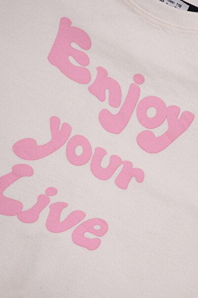 zepkids Crew Neck Short Sleeve Enjoy Your Life Written Ecru Black Color Girl's Tights Set