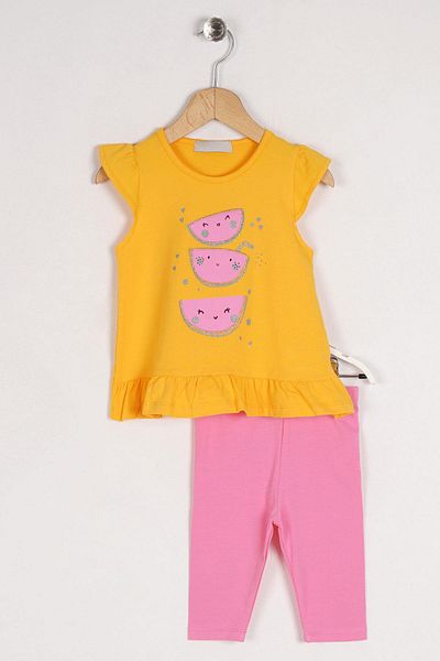 zepkids Crew Neck Short Sleeve Watermelon Printed Skirt Frilly Yellow Color Girl's Tights Set