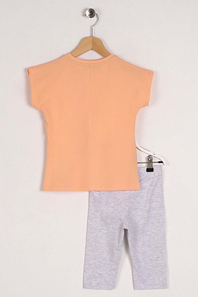 zepkids Crew Neck Short Sleeve Little Thing Colled Love Printed Orange Caramel Color Girl's Tights Set