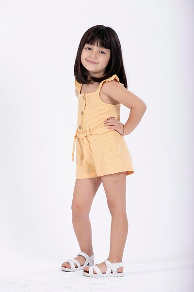 zepkids Mustard Color Girl's Salopet - Square Collar, Strappy Sleeve and Ruffle Detail