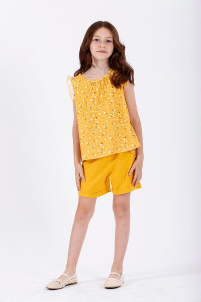 zepkids Crew Neck Zero Sleeve Flower Printed Elastic Waist Pocket Yellow Color Girl's Shorts Set