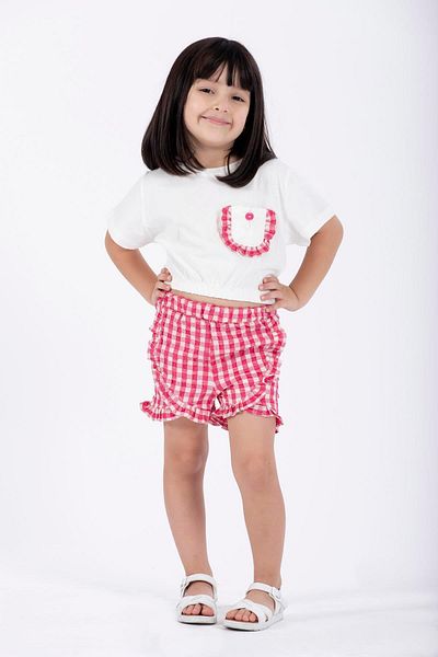 zepkids Girl's Shorts Set - Ecru Fusya Color, Ruffle Detailed