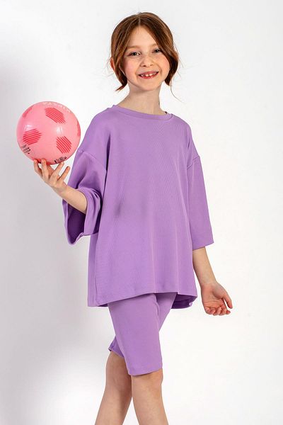 zepkids Lilac Color Oversize Tights Girl's Set - Crew Neck, Short Sleeve, Fitted