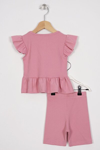 zepkids Pink Colored Girl's Tights Set - Ruffled Skirt and Button Detail