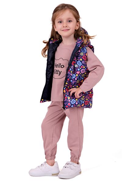 Merdia Girls' Hello Kitty Printed Hooded Inflatable Vest and Bottom Top 2 String Combed Cotton 3 Piece Set