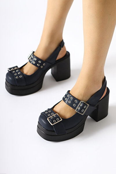 Limoya Marise Navy Blue Oval Toe Platform Double Belt Accessory Women's Casual Shoes