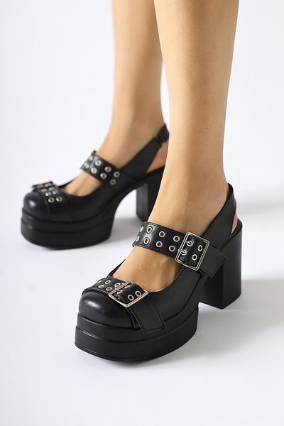 Limoya Marise Black Oval Toe Platform Double Belt Accessory Women's Casual Shoes