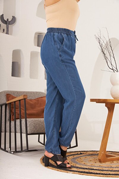 RMG Μπλε παντελόνι Plus Size με λεπτομέρεια δέσιμο στη μέση και ελαστική μέση