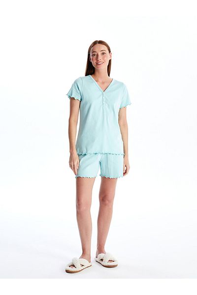 LC Waikiki Women's V-Neck Straight Short Sleeve Pajamas Set with Shorts