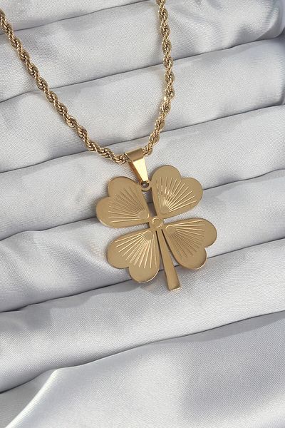 MAGNESİA Mgn45 316l - Gold Colored Twisted Chain Clover Necklace
