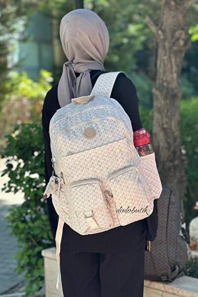 DodoButik Large Size - Rain Resistant Fabric, Multi-Pocket Light Backpack / Patterned Cream