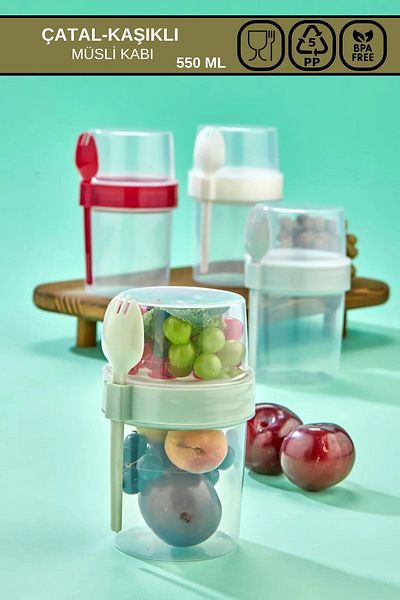 Poomy 550 ml Practical Portable Yogurt - Feeding Bowl with Muesli and Spoon