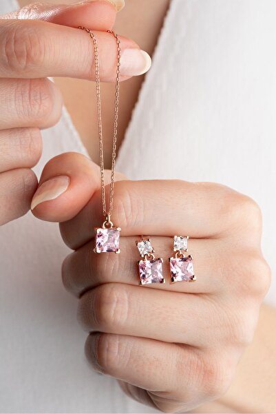 Silvano Jewelry 925 Ayar Gümüş Pembe Baget Taşlı Kolye Küpe Seti