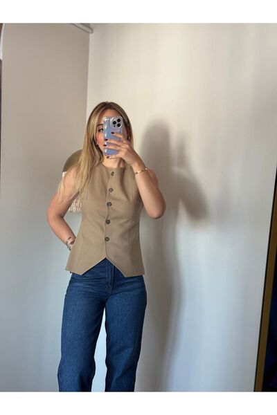 Butik Camel düğmeli yelek