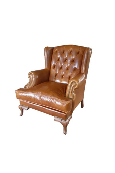 Hanel Mobilya Klasik Kulaklı Berjer Tekli Koltuk Kahve Hakiki Deri Tekli