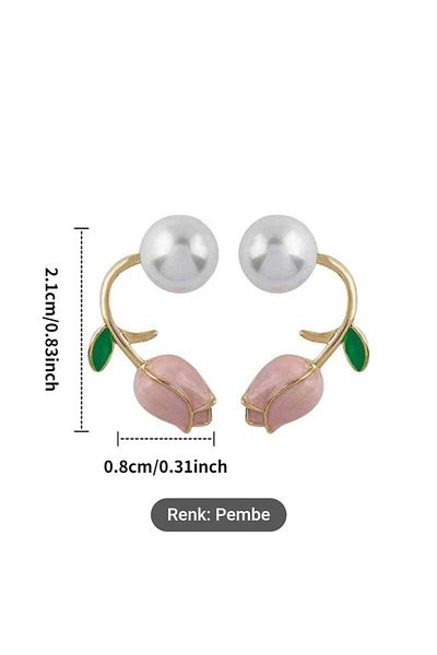 Elif Butik Set of 2 Pink Tulip Flower and Pearl Earrings - for Special Occasions and Daily Use