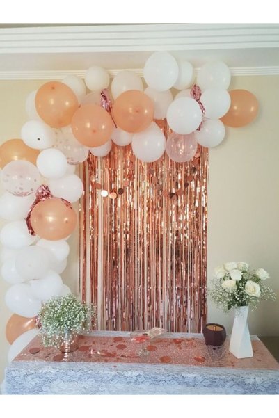 MERİ PARTİ ROSEGOLD KONSEPT BALON VE ROSEGOLD METALİZE ARKA FON DUVAR PÜSKÜLÜ...