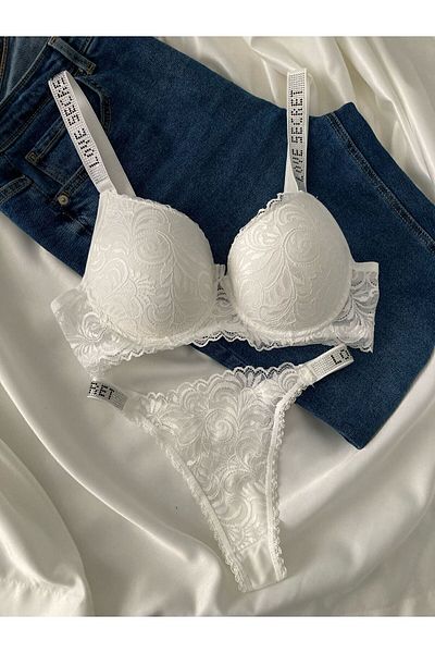 Beyaz Gelincik Underwear Γυναικείο Σετ Εσώρουχα Σετ Εσώρουχα με Λευκή Δαντέλα με Πέτρα με Επένδυση Push Up