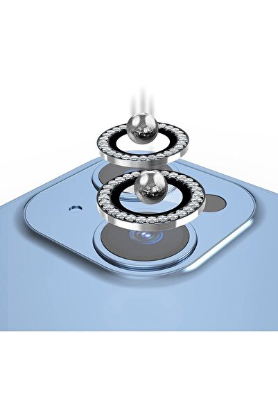 HyperAge Iphone 13 & 13 Mini Uyumlu Taşlı Kamera Koruyucu Diamond Seri Taşlı Gümüş [2'li Set]