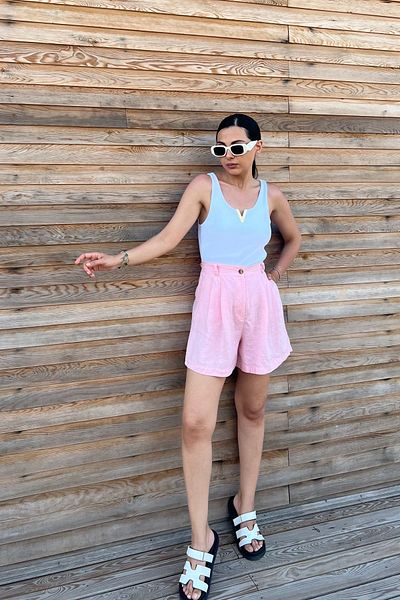 Seda Yalçın Atelier Linen Shorts - Pink Pleat Detailed