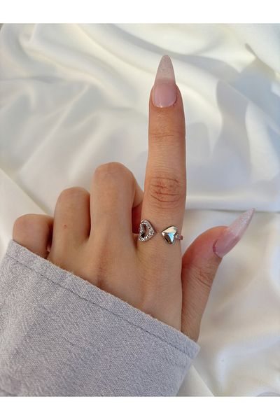 Eylülün Takısı Silver Colored Stone Detailed Heart Patterned Women's Ring