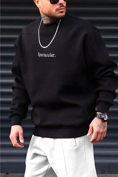 Millionaire Men's Black Spectacular Printed 0 Crew Neck Oversize Loose Loose Fit Fleece Sweatshirt