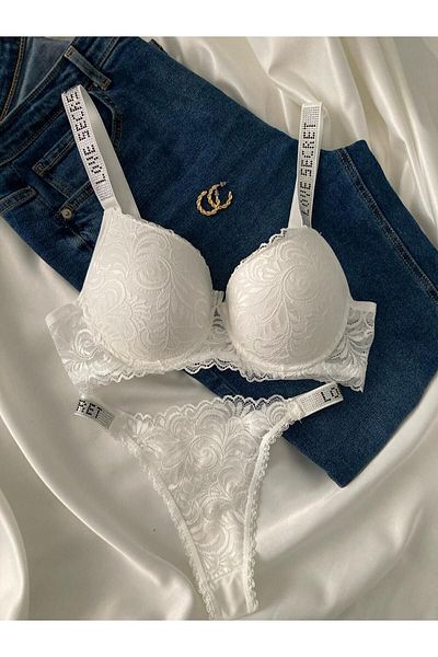 Beyaz Gelincik Underwear Γυναικείο Σετ Εσώρουχα Σετ Εσώρουχα με Λευκή Δαντέλα με Πέτρα με Επένδυση Push Up
