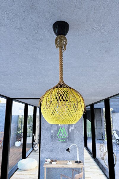 Naturel Lighting Rustik Halatlı Sarkıt Avize Balle Sarı Top Aydınlatma