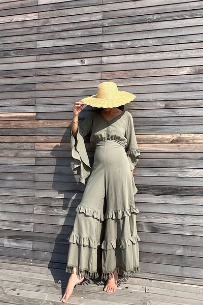 Seda Yalçın Atelier Khaki Madrid Spanish Sleeve Design - Blouse and Pants Set