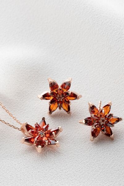 Silvano Jewelry 925 Ayar Gümüş Kırmızı Lotus Çiçeği Kolye Küpe Seti