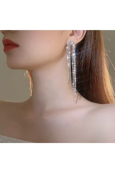 Takıtolia Püsküllü Uzun Sallantılı Zirkon Taşlı Parıltılı Su Yolu Abiye Küpe (6 CM)