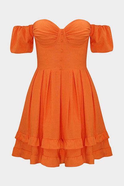 Açelya Okcu Women's Balloon Sleeve Mini Dress with Layered Skirt and Underwire