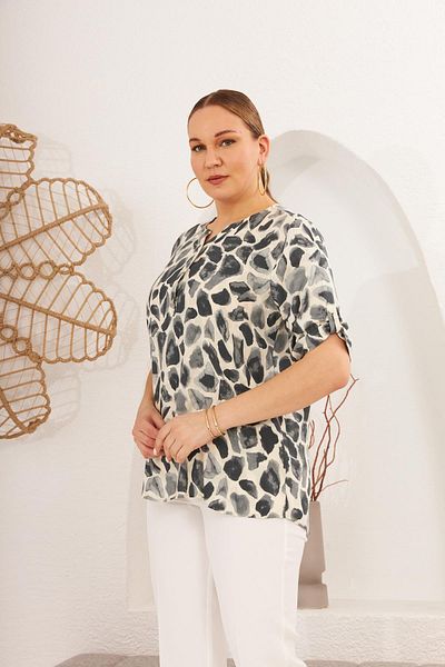 RMG Smoked Plus Size Blouse with Pattern and Sleeve Detail