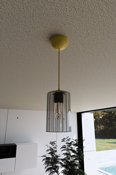 Naturel Lighting Füme Mika Camlı Tekli Sarkıt Avize Gold Kablo