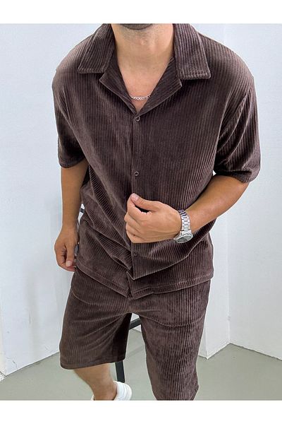 King Brothers Βελούδινο κοστούμι Oversize Loose Fit πουκάμισο με κουμπιά και σορτς