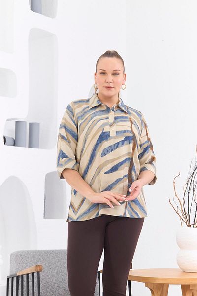 RMG Plus Size Patterned Mink Blouse - Side Slit Detail